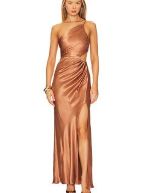 Shona Joy One-Shoulder Satin Gown in Almond